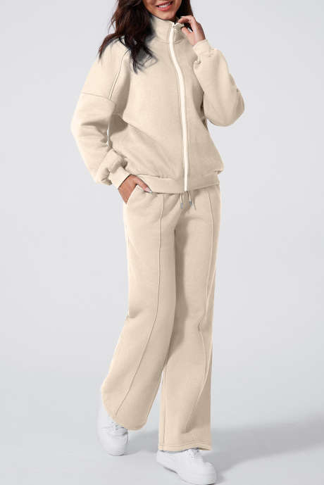 Beige Drop Shoulder Zip Up Jacket Drawstring Pants Active Set van 2 stuks