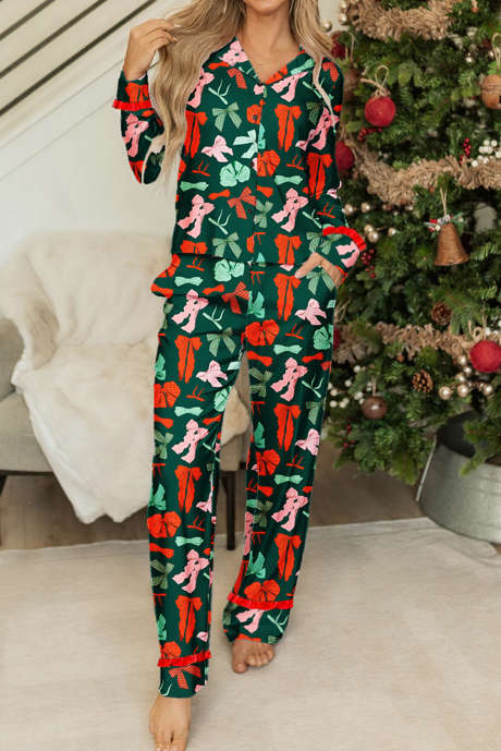 Groene feestelijke strikprint pyjamabroekset van 2 stuks