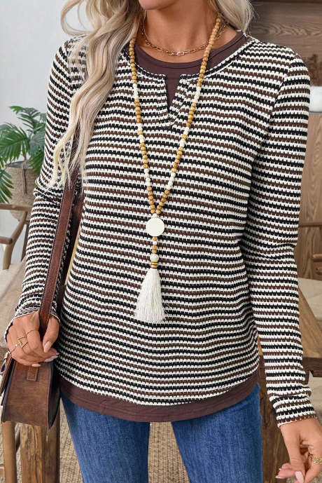 Hnědé dvoudílné texturované pruhované tričko s kulatým výstřihem a dlouhým rukávem