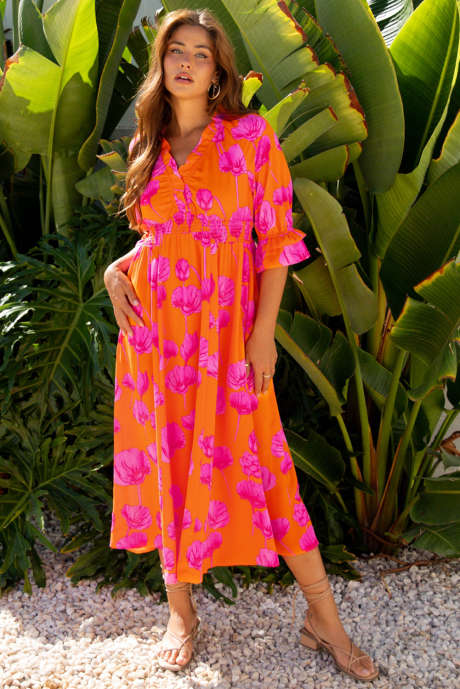Robe longue orange à imprimé floral, froufrous, col en V, manches 3/4
