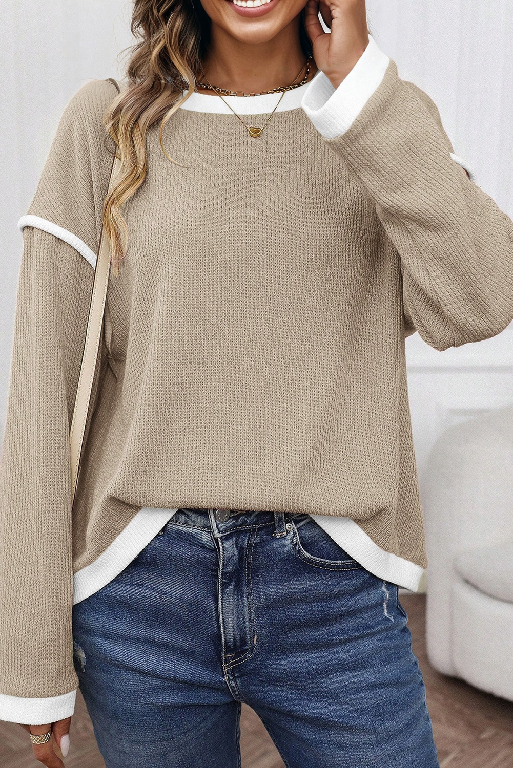 Contrast Cap Sleeve Top Light Beige