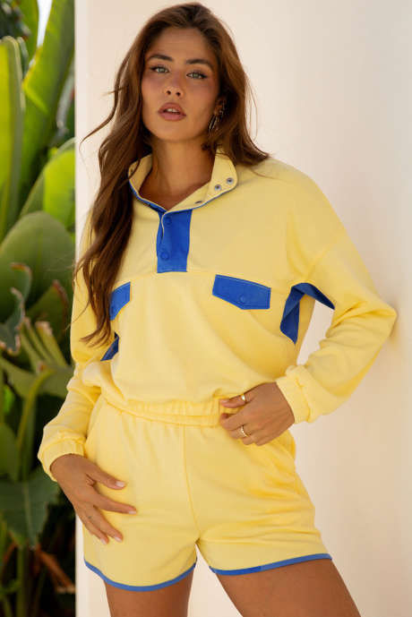 Yellow Color Block Patchwork Half Button Pullover and Shorts 2pcs Outfit