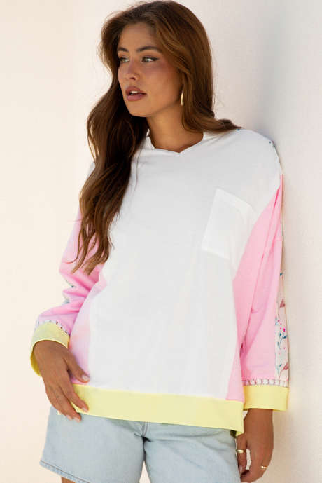 Haut à manches longues et col cranté, motif patchwork floral blanc, poche poitrine, LC25133126-P1