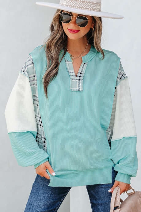 Aruba Blue Corded Texture Colorblock Patchwork Split Neck Top met lange mouwen