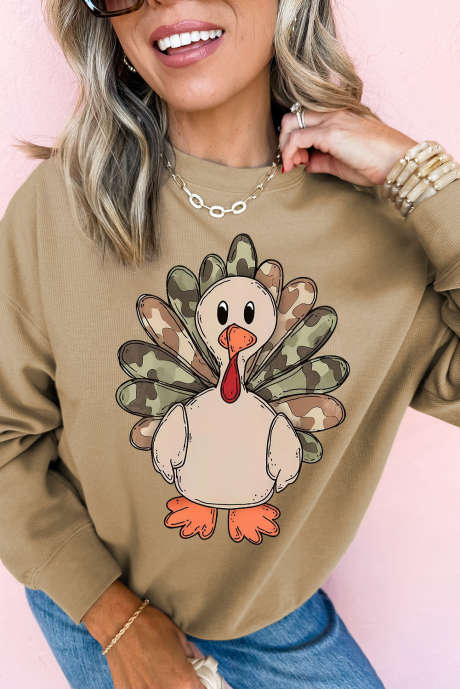Khakifarbenes Sweatshirt mit Camouflage-Truthahn-Print und Thanksgiving-Mod