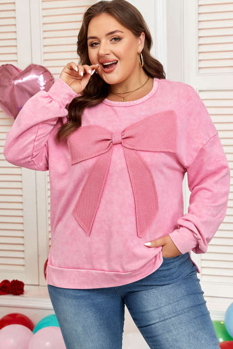 Bonbon Waffle Strik Patchwork Grafische Mineral Wash Sweatshirt Plus Size