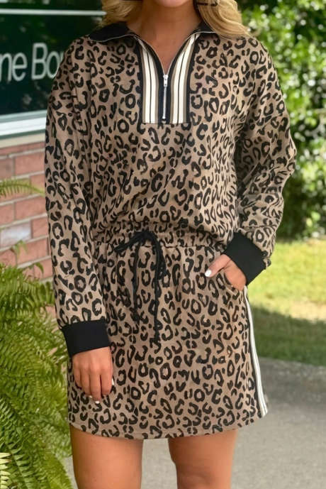 Khaki luipaardprint top met kwartritssluiting, lange mouwen, minirok met trekkoord, varsity-set van 2 stuks