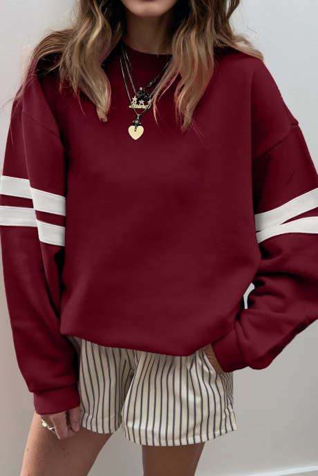 Red Dahlia Varsity Striped Detail Drop Shoulder Oversized Sweatshirt LC25319578-P403