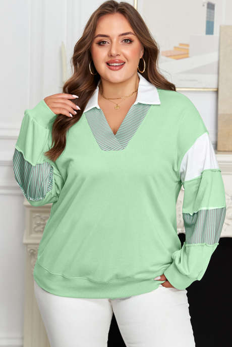 Moonlight Jade Color Block Gestreepte Patchwork Kraag V-hals Plus Size Sweatshirt