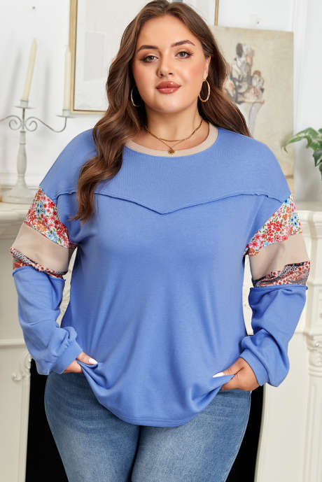 Sudadera azul de patchwork floral con costuras expuestas, talla grande, holgada, PL2512947-P520