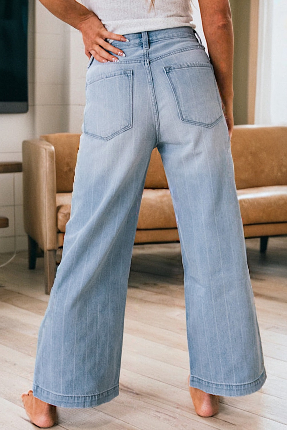 $14.74 Beau Blue Multi Buttons Pinstripe Wide Leg Jeans Wholesale