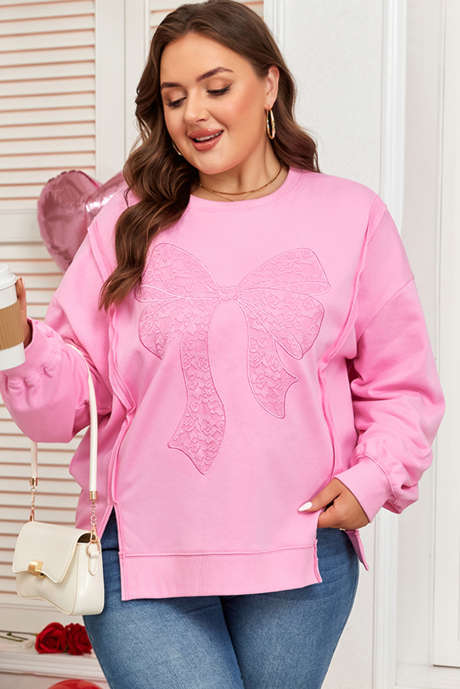 Sudadera rosa con lazo grande, encaje bordado, mangas dolman, abertura, talla grande PL253947-P10