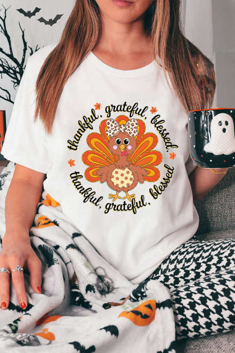 T-shirt blanc en coton mélangé avec imprimé dinde mignonne pour Thanksgiving