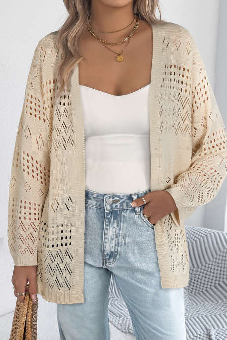 Smoke Grey Solid Color Hollowed Knit Open Front Cardigan Sweater