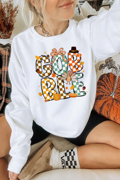 White GOBBLE Checkered Letter Print Thanksgiving Turkey Graphic Sweatshirt