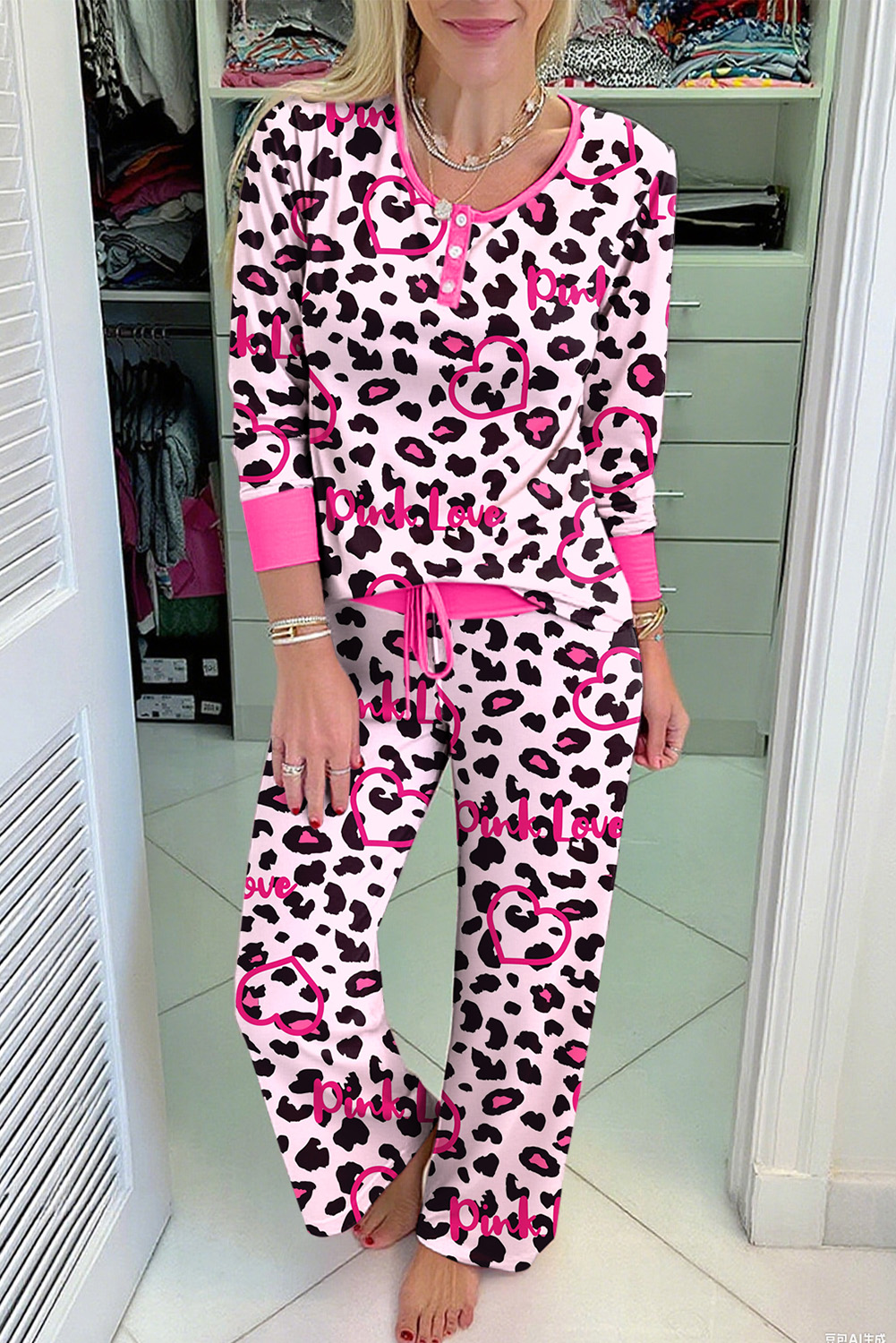$11.11 Pink Pink Love Heart Leopard Print 2pcs Lounge Pant Set Wholesale