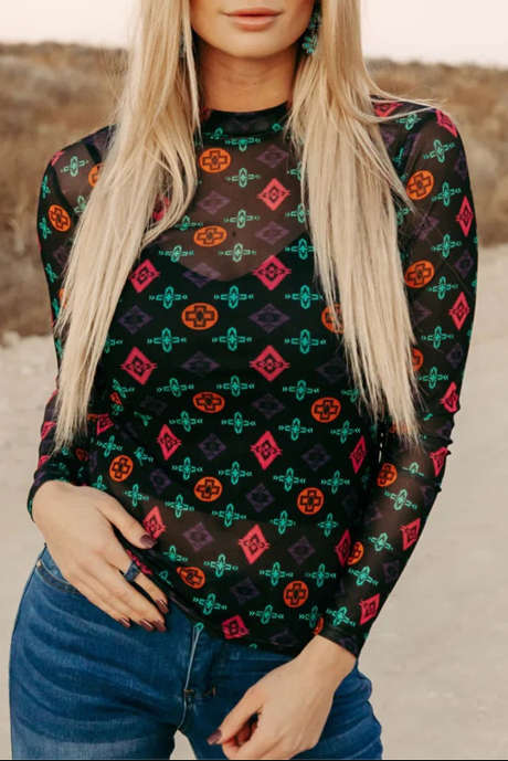 Zwarte Western Aztec-geprinte mesh top met lange mouwen