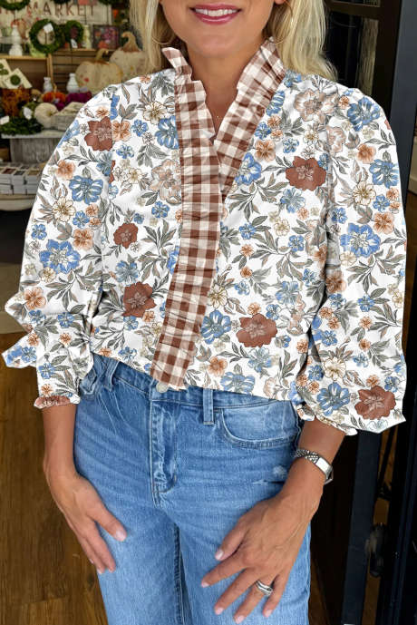 Braune Bluse mit V-Ausschnitt, Rüschenbesatz und Blumenmuster