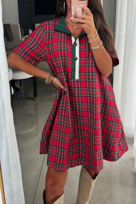 レッドクリスマスチェック柄ストライプトリムボタンネック半袖ドレス