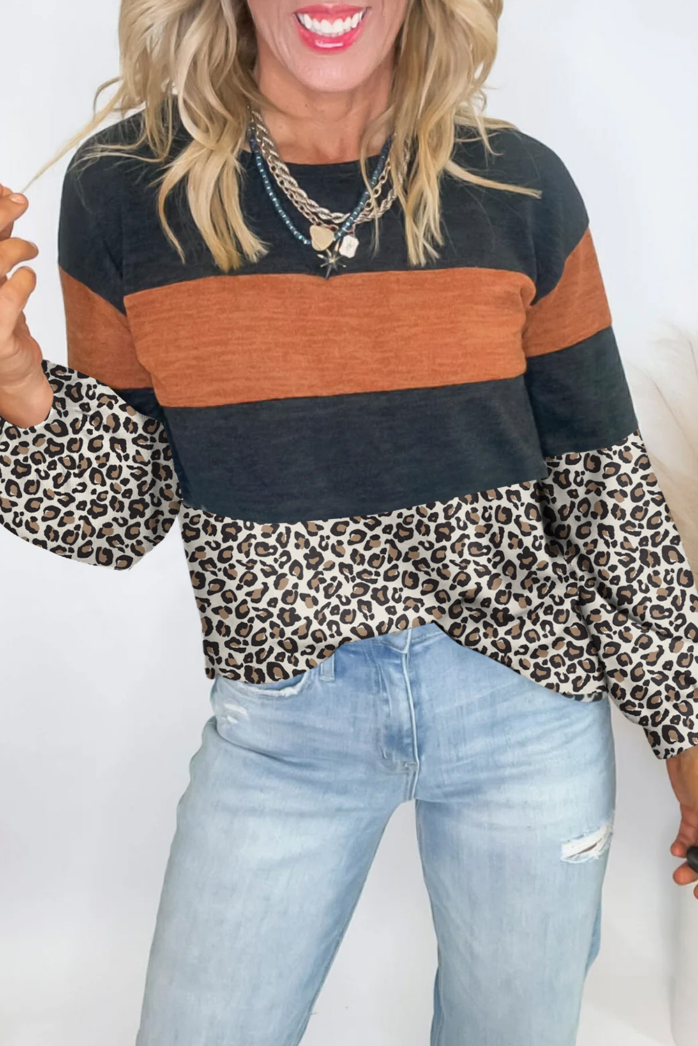 $7.58 Black Colorblock Leopard Animal Print Patchwork Long Sleeve Top ...
