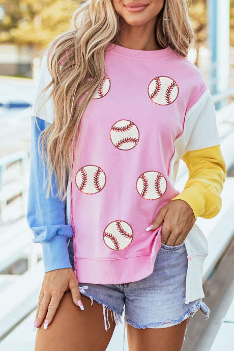 Bonbon Color Block Patchwork Sequin Baseball -painatettu collegepaita