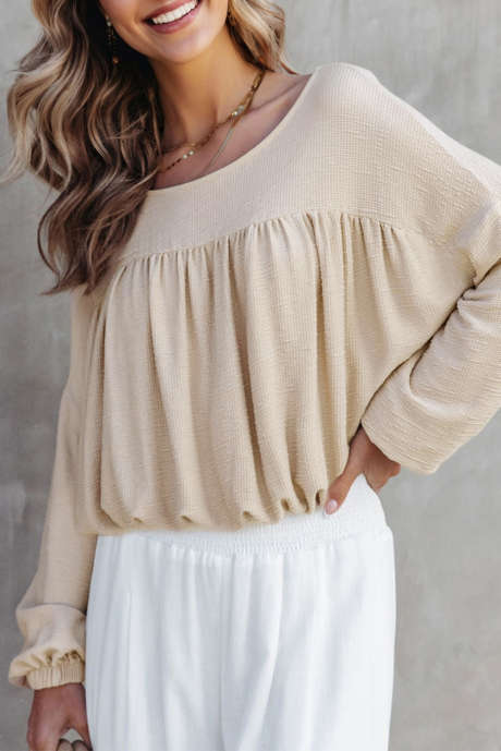 Jet Stream Textured Pleated Drop Shoulder Long Sleeve Knit Top