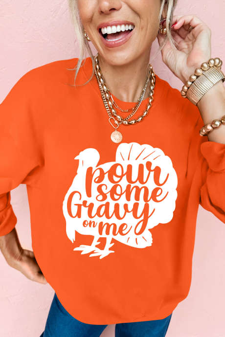 Sweat-shirt graphique de Thanksgiving avec inscription «&nbsp;Versez de la sauce sur moi&nbsp;» à l'orange