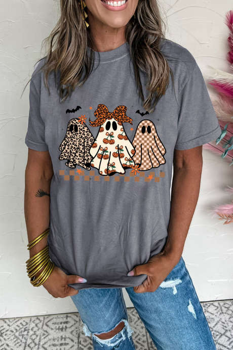 Camiseta informal gris con estampado de fantasma de Halloween para mujer LC25229957-11