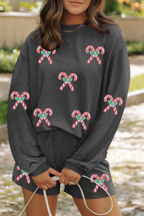 Carbon Grey Twisted Ribbed Sequin Holly Candy Cane Long Sleeve Top en Shorts 2-delige Outfit