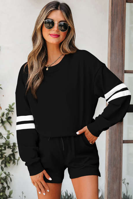 Zwarte Varsity gestreepte mouwloze sweatshirt met verlaagde schouders en korte broek set