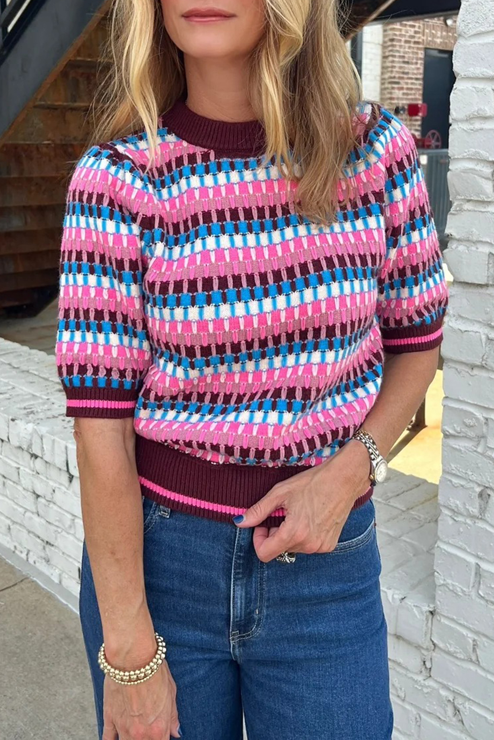 Pink Stripe Knitted Short Sleeve Top and Drawstring Shorts Set