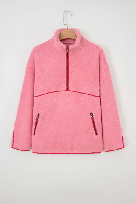 Aardbeiroze Sherpa-trui met contrasterende imitatieleren afwerking en halve rits met zakken