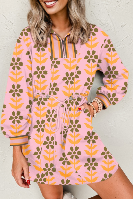 Rosa Kleid mit Blumenmuster, Reißverschluss am Hals, gestreiftem Patchwork und langen Ärmeln