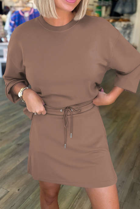 Koffiekleurige effen trui met trekkoord en schouderbandjes, 2-delige outfit