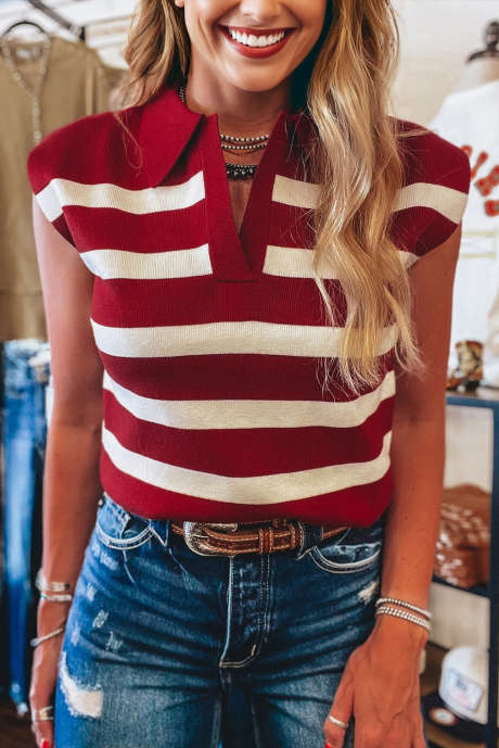 レッドストライプカラースプリットネックセーターベスト
