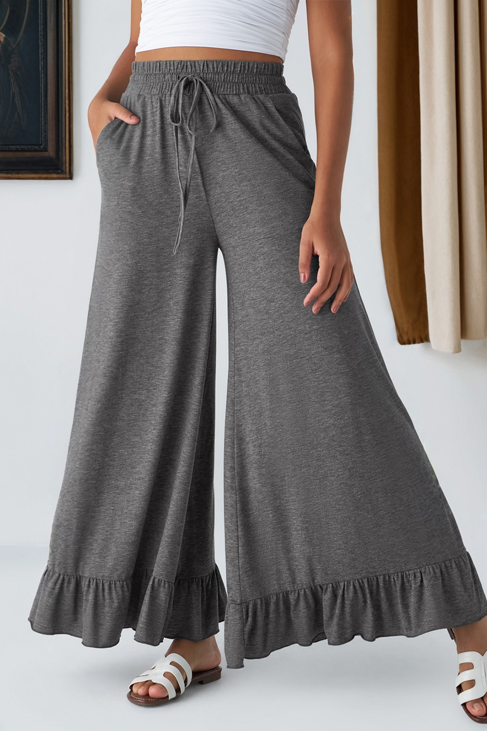 $8.09 Medium Grey Ruffled Wide Leg Pull On High Waist Pants with ...