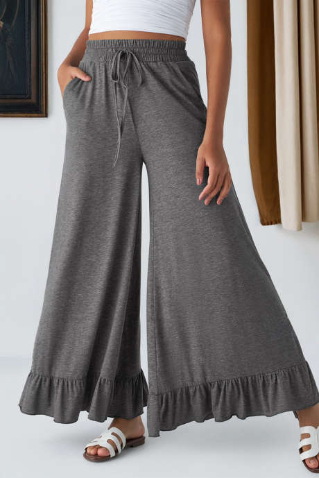 Pantalón gris medio con volantes, pernera ancha, cintura alta y bolsillos LC7713244-P3011