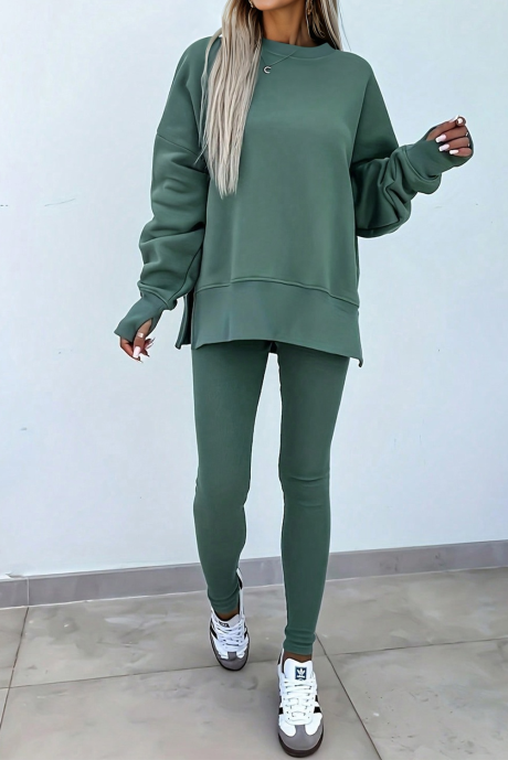 Ensemble 2 pièces sweat-shirt oversize fendu couleur unie et leggings côtelés Green Bay