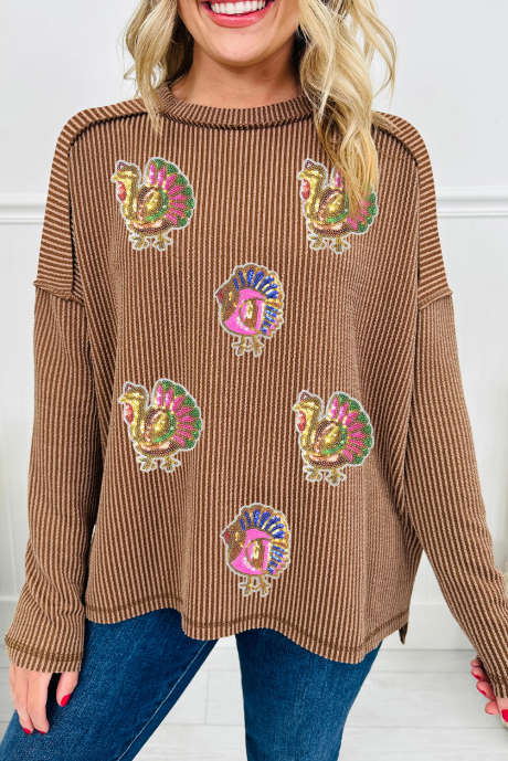 Haut kaki foncé à épaules tombantes et coutures apparentes, côtelé et torsadé, motif dinde de Thanksgiving à sequins