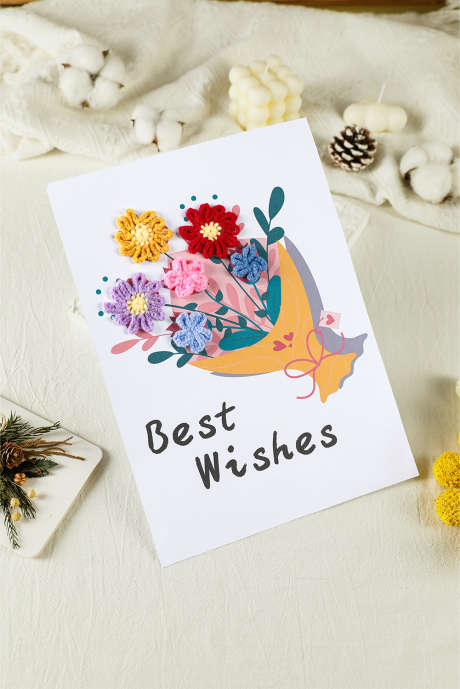 Bela ročno šivana kvačkana cvetlična voščilnica