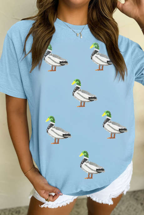 Light Blue Sequin Mallard Graphic Womens Casual Tee