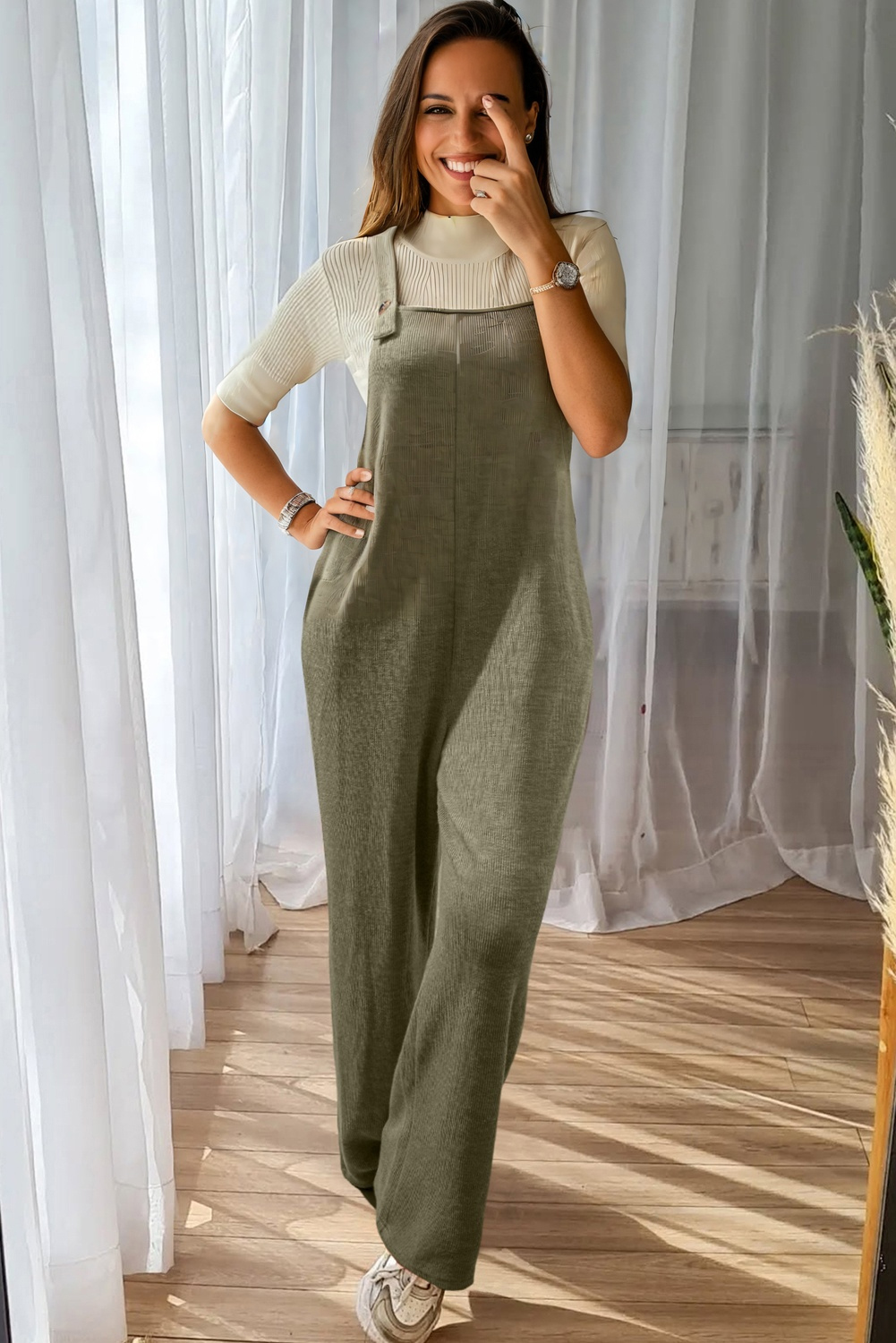 DESCENTE ALWEL PRACHUTE JUMPSUIT カーキ $9.52 Laurel Green Solid Color Knit Loose Straight Leg Casual