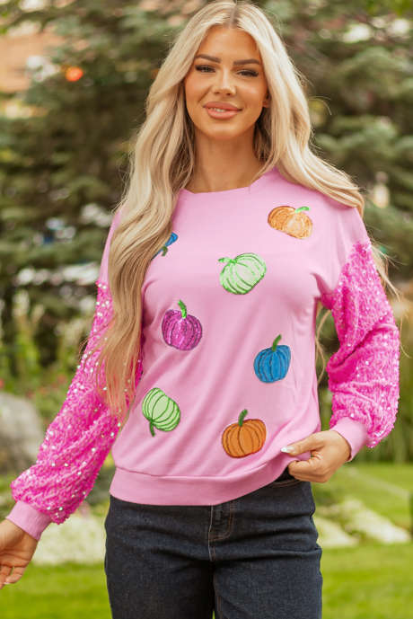 Pull-over rose à manches pailletées et motif citrouille pour Thanksgiving et Halloween