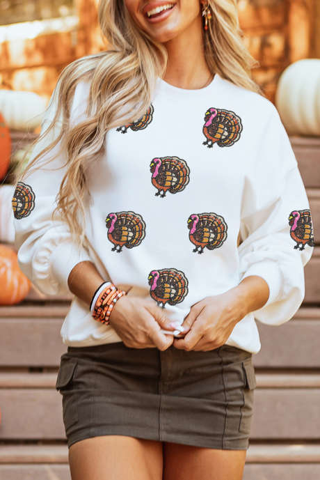 Sudadera blanca con parche de pavo de Acción de Gracias y lentejuelas LC25320676-15