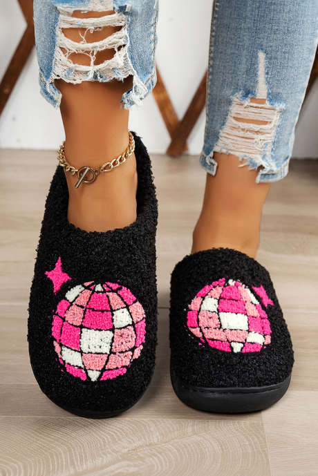 Pantufas de inverno felpudas com estampa de bola de discoteca preta