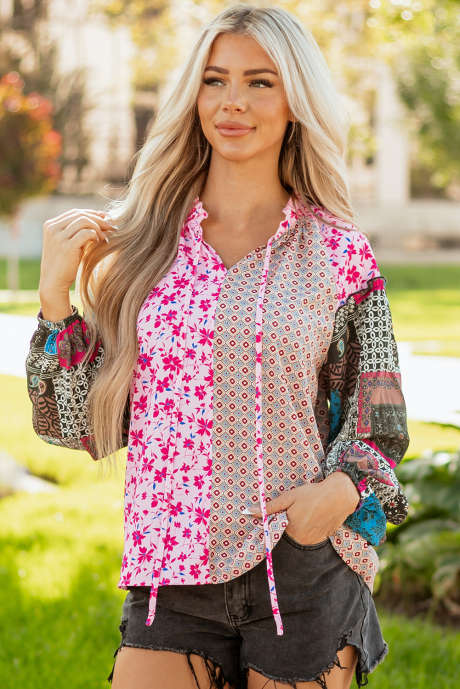 Blusa rosa bohemia con estampado floral mixto, hombros caídos y mangas abullonadas LC25128265-P1020