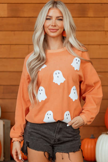 Hanorac portocaliu cu textură striată răsucită și fantomă de Halloween, cu paiete, petic