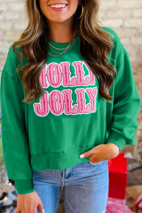 Sweat-shirt de Noël brodé avec serviette HOLLY JOLLY vert mer