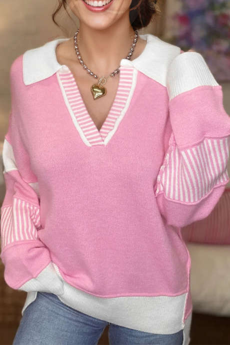 Pink Contrasting Polo Collar Color Block Knit Drop Shoulder Sweater