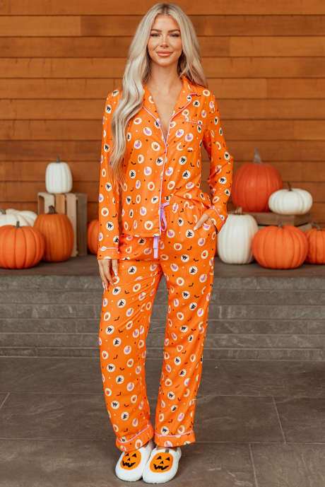 Oranje Halloween print revers shirt lange 2-delige pyjamaset